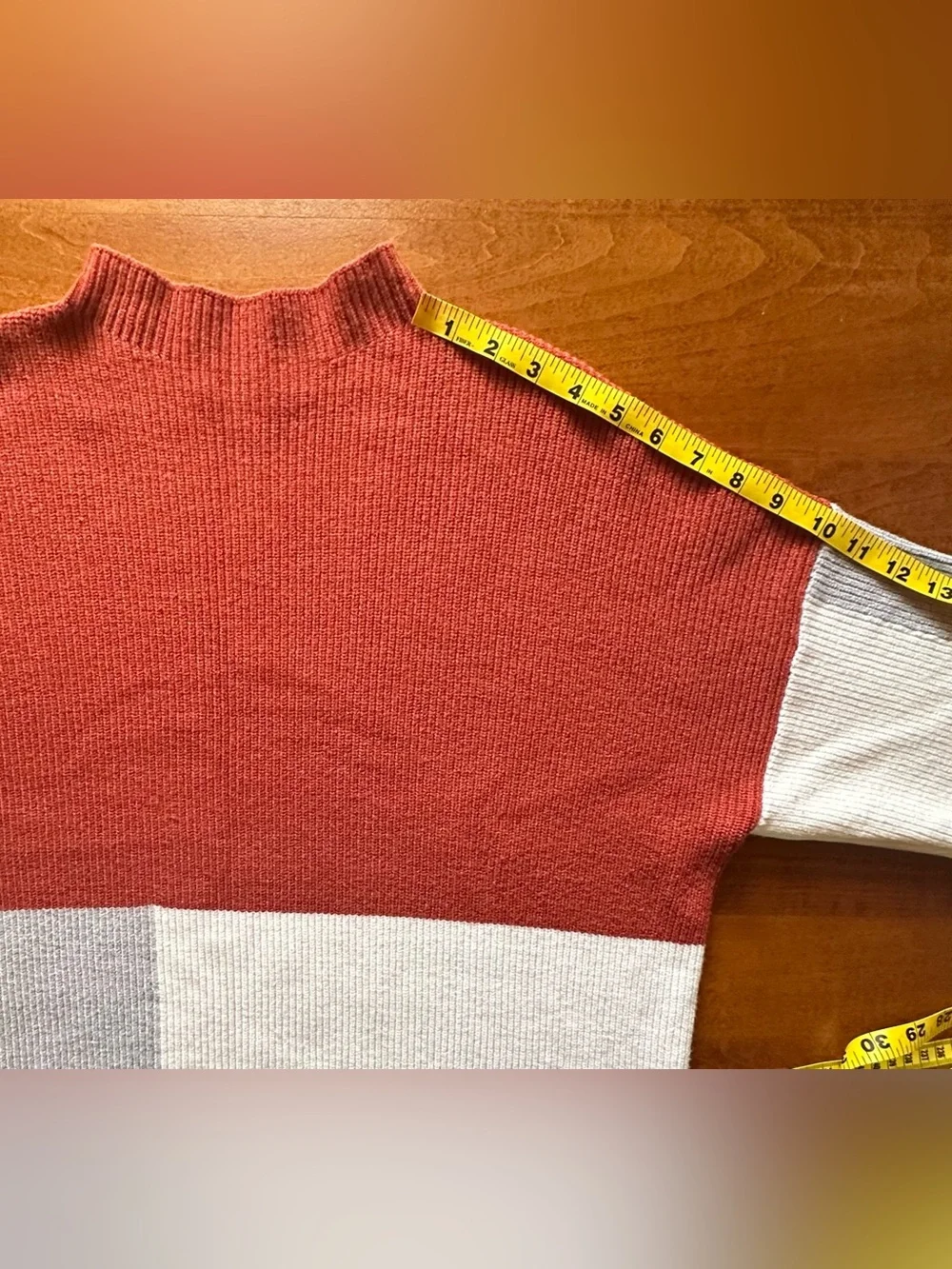 Roolee•colorblock mock-neck sweater•large•viscose blend•rust orange/cream/gray